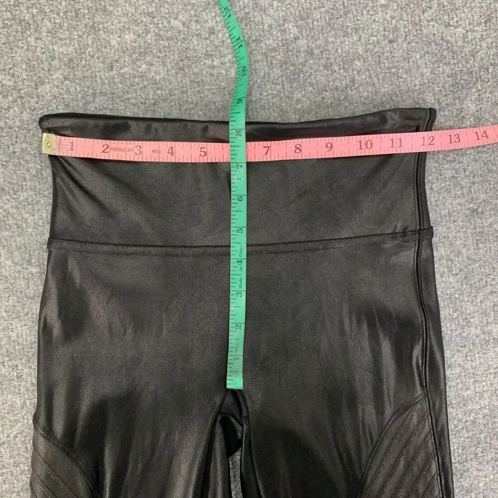 Spanx Leggings Women S Small Black Coated Faux Leather Moto Pull On Ribbed Panel